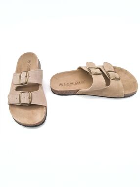 Cache Creek Women’s Two-Strap Suede Slide Sandals with Adjustable Brass Buckles